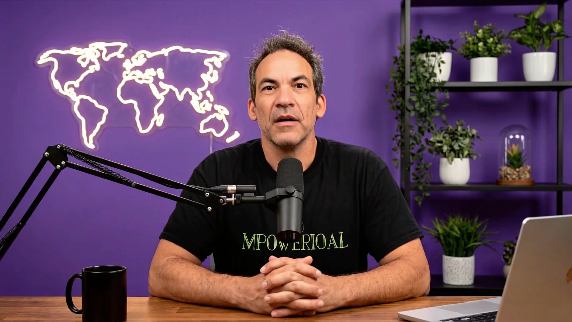 AI avatar of Michael Parker at a microphone in his studio